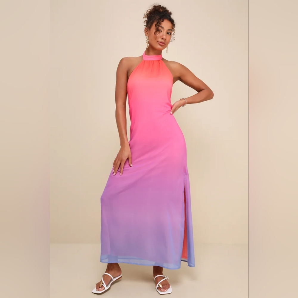 NWOT Lulu's Vivid Moment Pink Ombre Backless Halter Maxi Dress